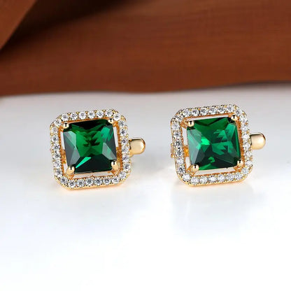 Gold Square Green Earrings
