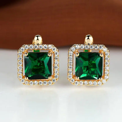 Gold Square Green Earrings