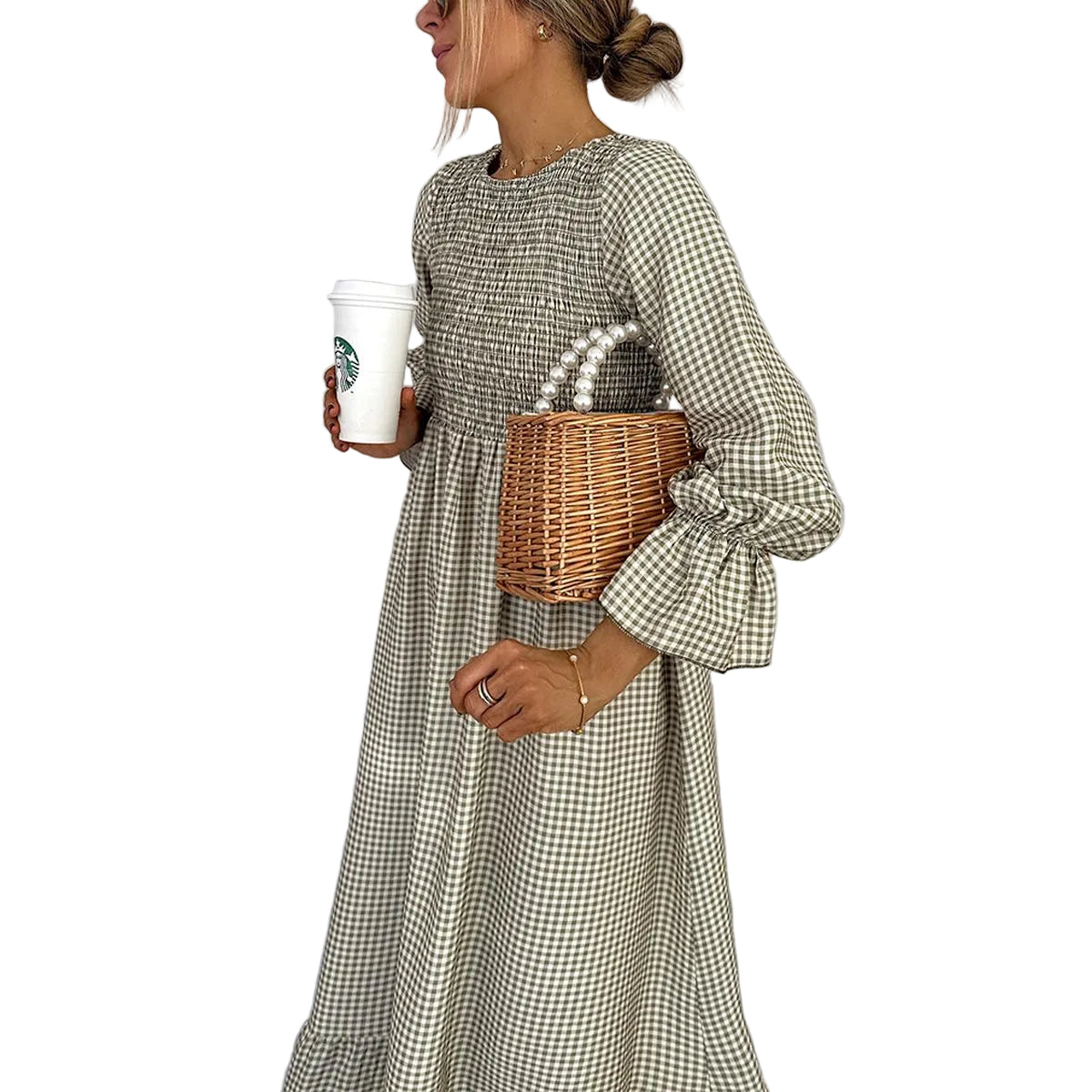 Green Check Round Neck Maxi Dress