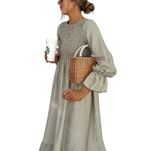 Green Check Round Neck Maxi Dress