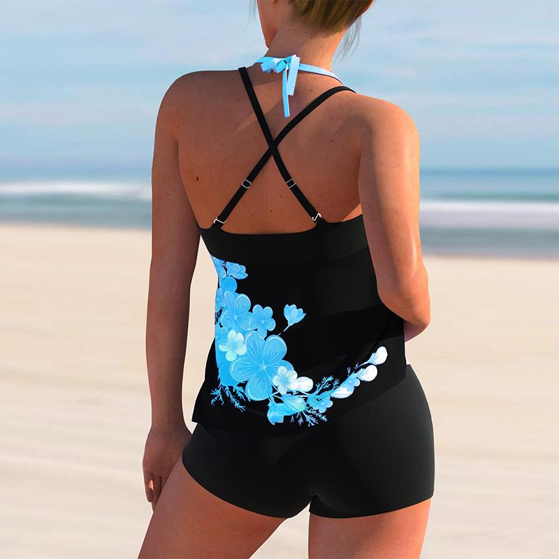 Avery | Floral Print Cross Strap Halter Tankini Set