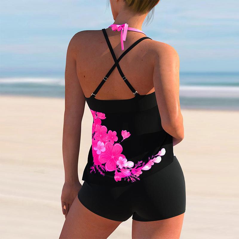 Avery | Floral Print Cross Strap Halter Tankini Set
