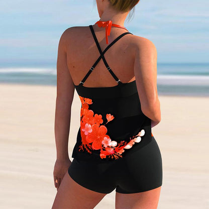 Avery | Floral Print Cross Strap Halter Tankini Set