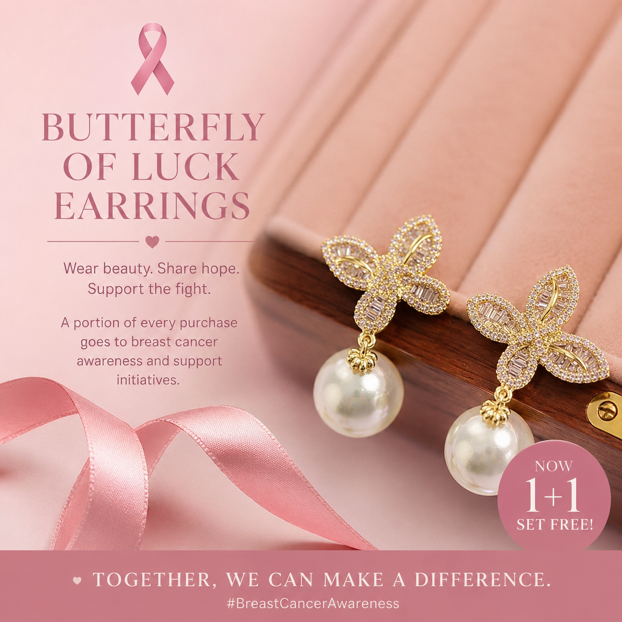 Breast Cancer Awareness | Butterfly of Luck Earrings  | 1+1 Free Today