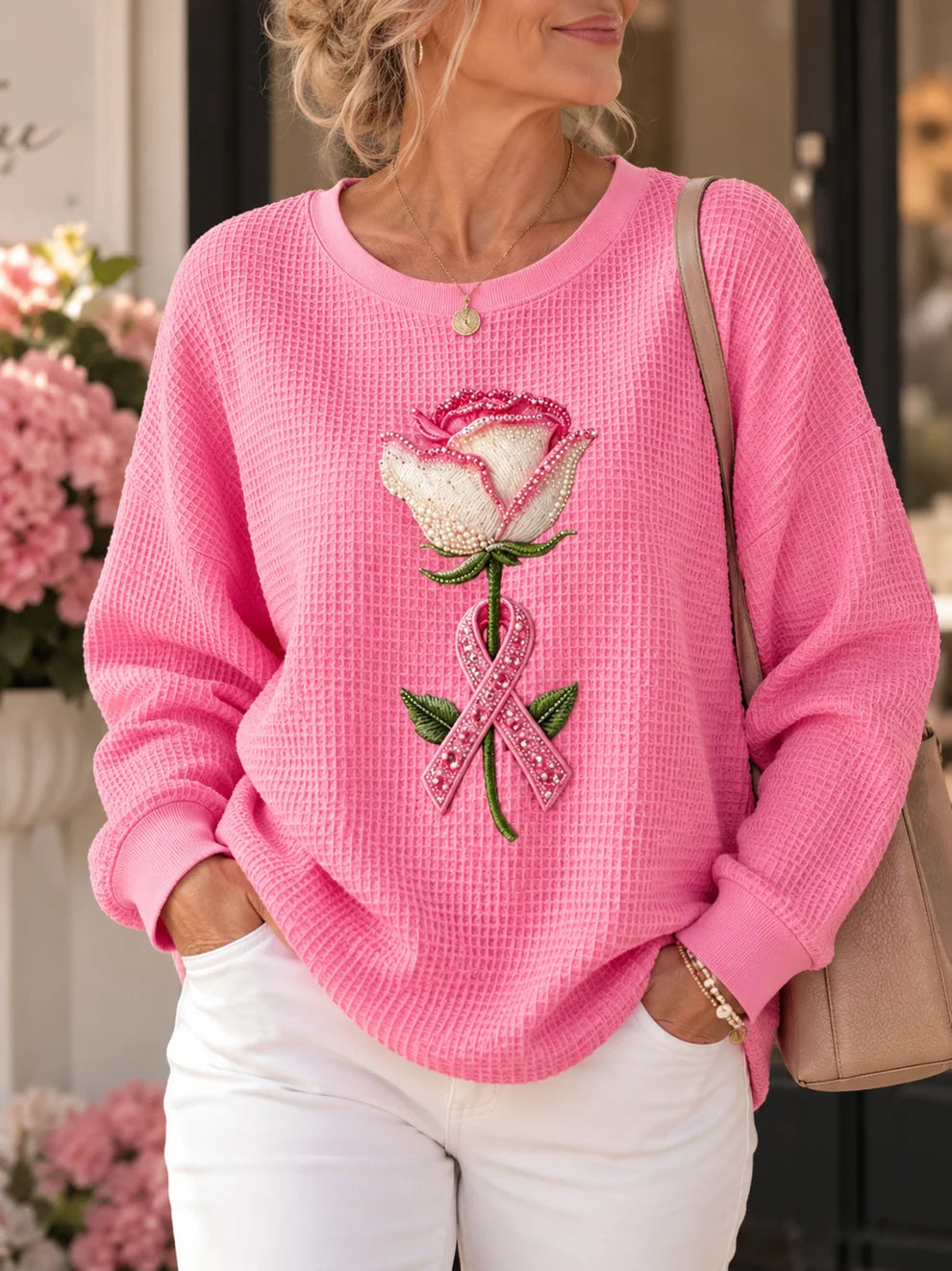 Pink Floral Waffle Knit Long Sleeve Top