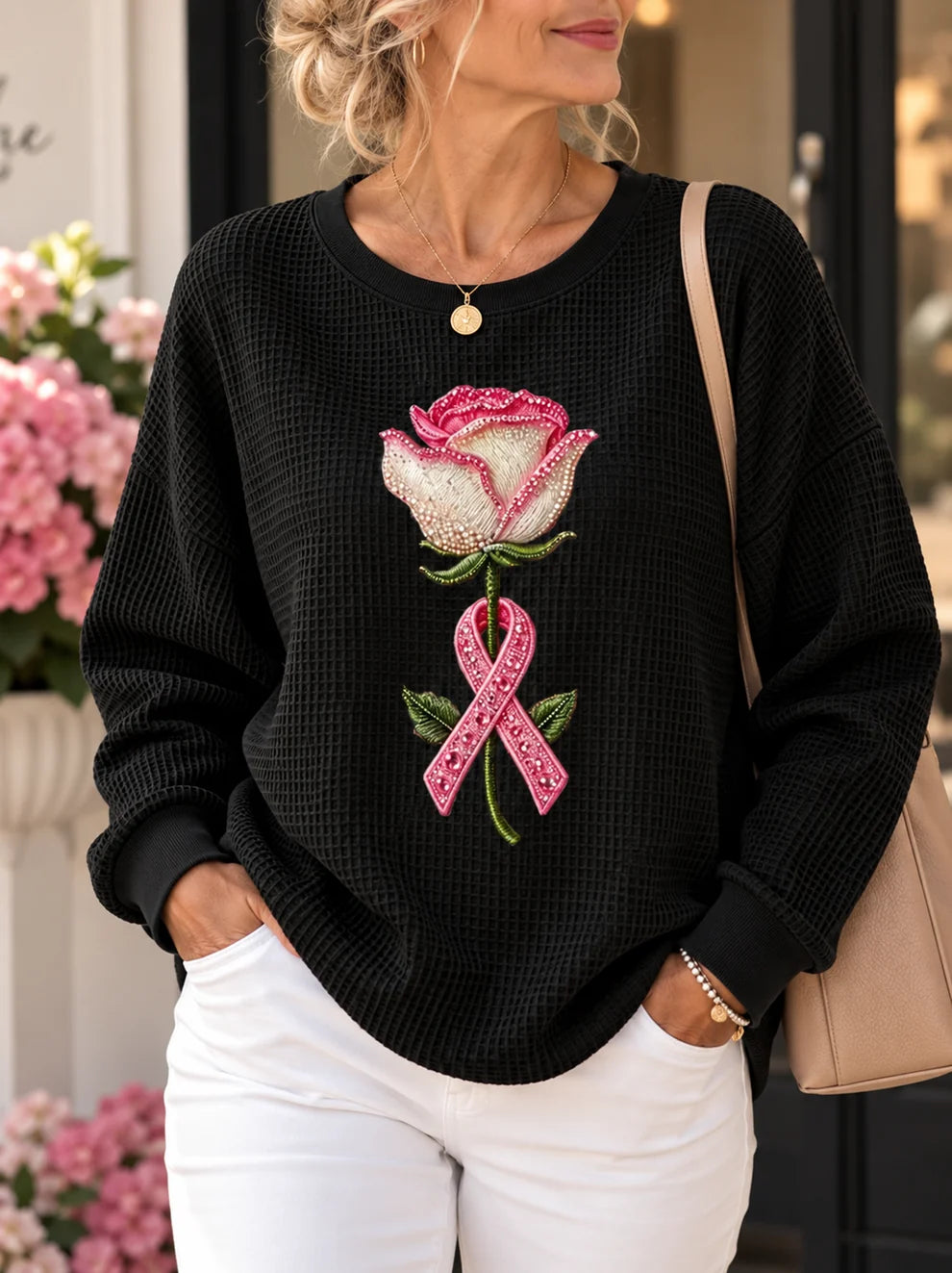 Pink Floral Waffle Knit Long Sleeve Top
