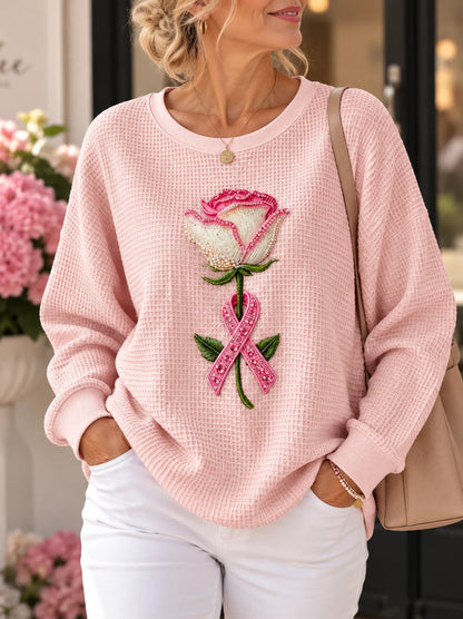 Pink Floral Waffle Knit Long Sleeve Top