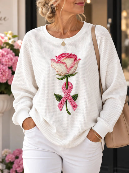 Pink Floral Waffle Knit Long Sleeve Top