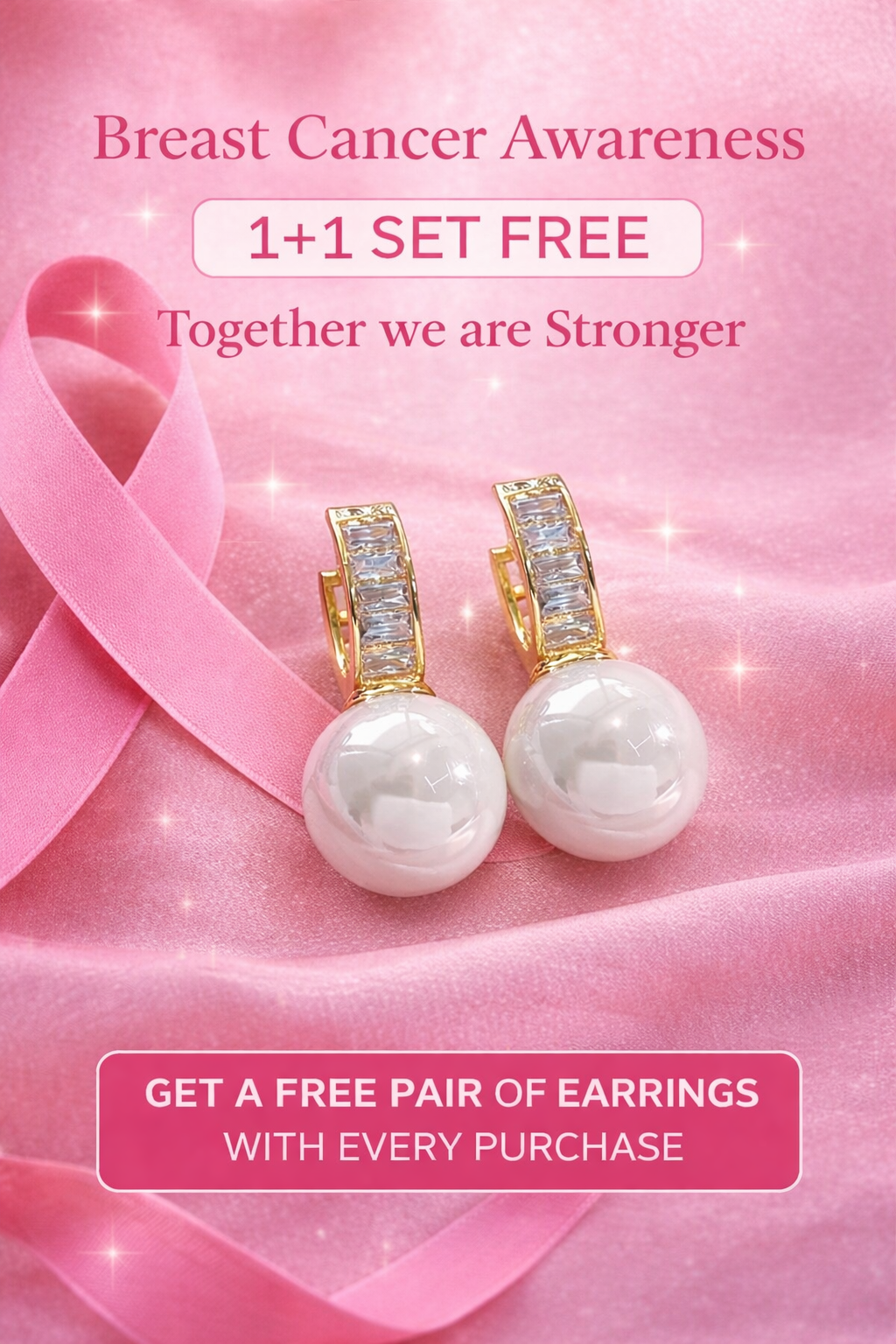 Breast Cancer Awareness White Pearl Earrings | 1+1 Free Today