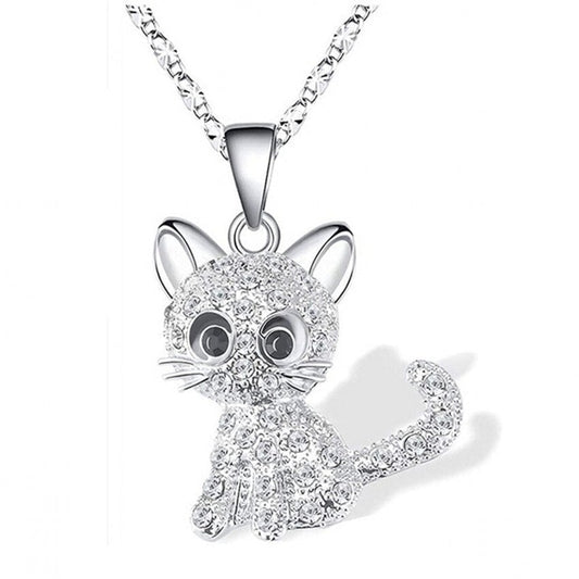 Sterling Silver Kitten Necklace with Colorful Zirconia Accents