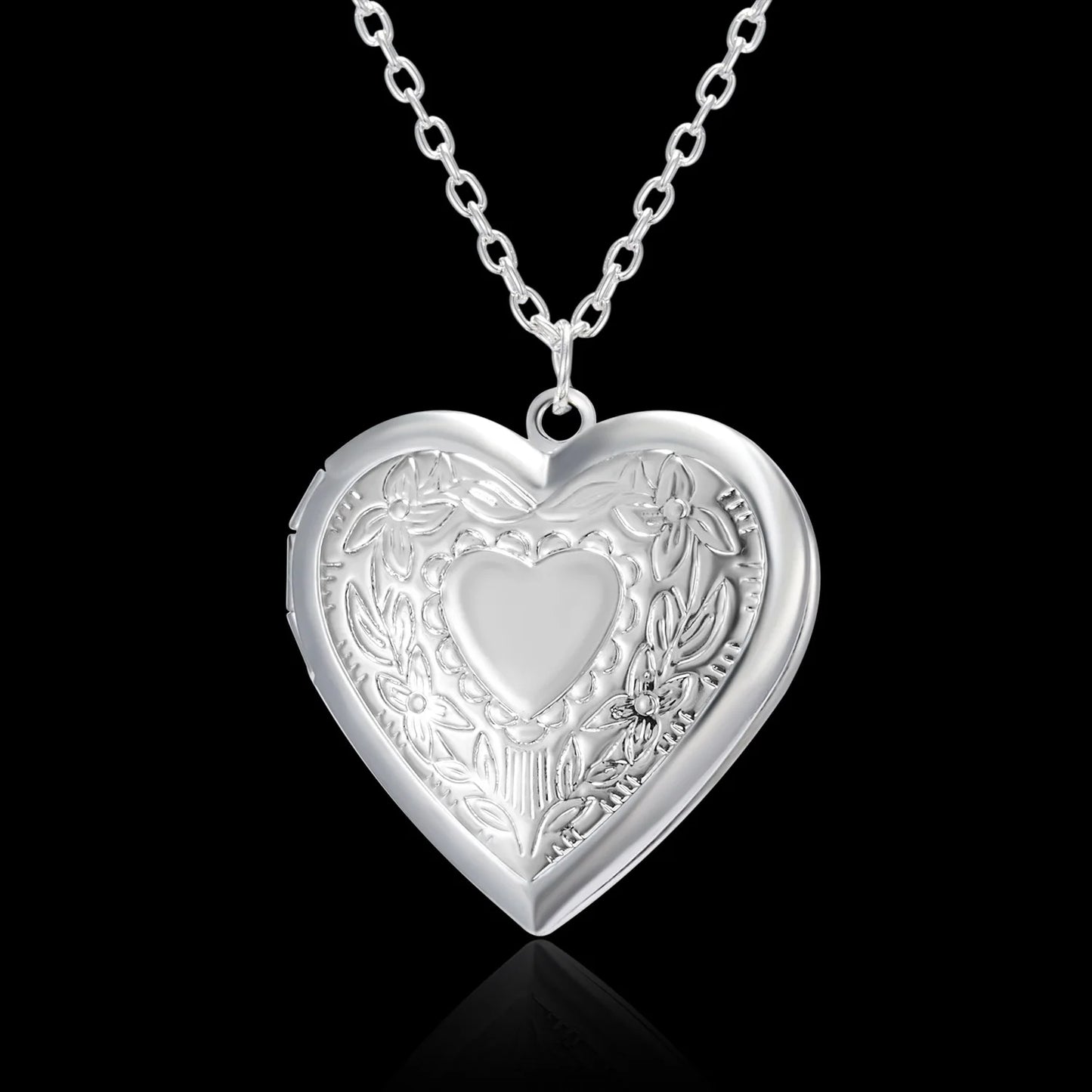 Vintage Heart Embossed Photo Locket Necklace
