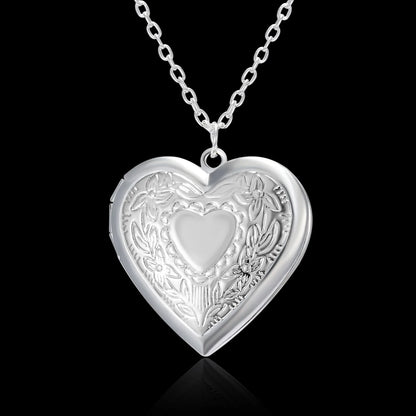 Vintage Heart Embossed Photo Locket Necklace