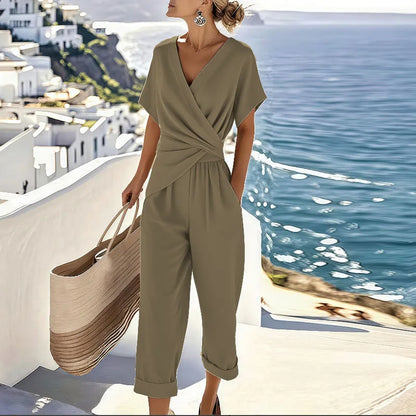 Colleen™ Elegant Two-Piece Set | Wrap-Front Top and Cropped Trousers