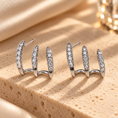 Elegant Silver Sparkling Triple Hoop Earrings