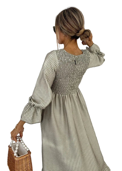 Green Check Round Neck Maxi Dress