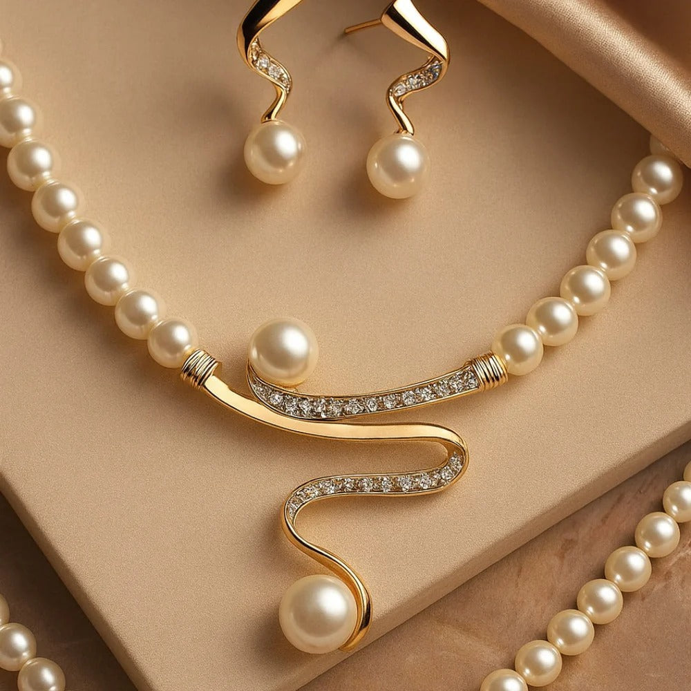 Breast Cancer Awareness Set | Golden Pearl Set Earrings + Necklace | 1+1 Free Today