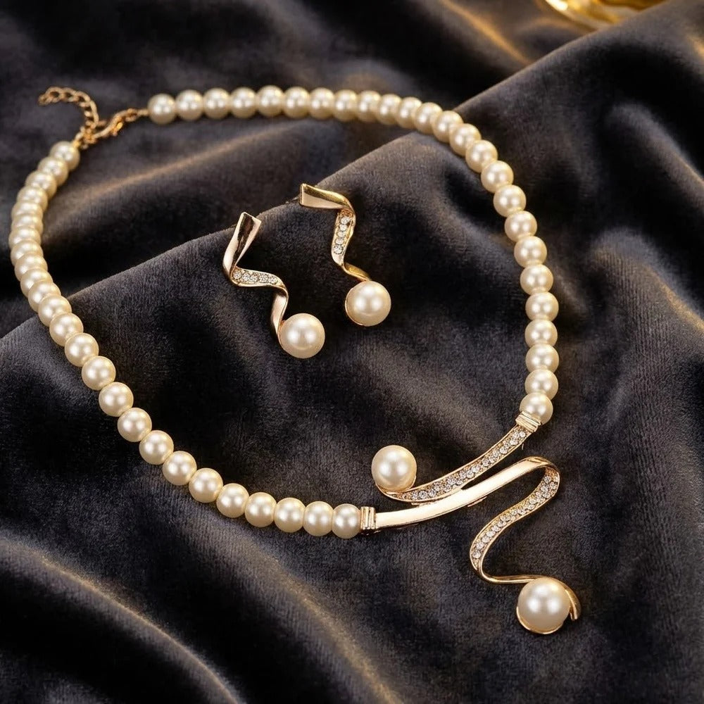Breast Cancer Awareness Set | Golden Pearl Set Earrings + Necklace | 1+1 Free Today