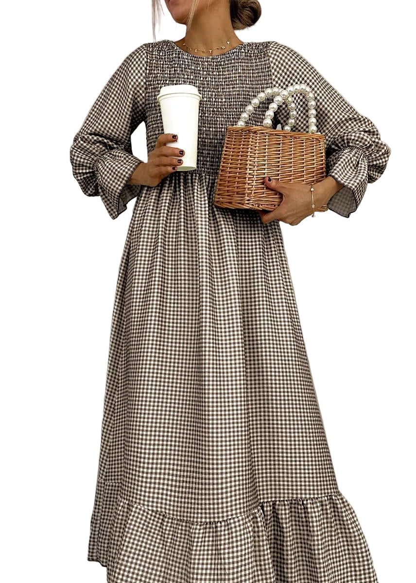 Green Check Round Neck Maxi Dress