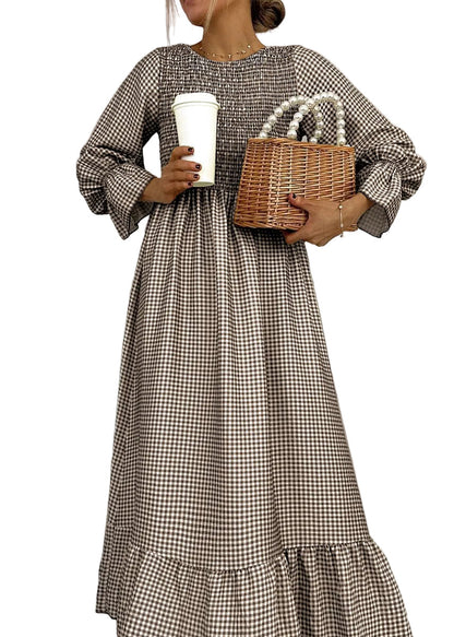 Green Check Round Neck Maxi Dress