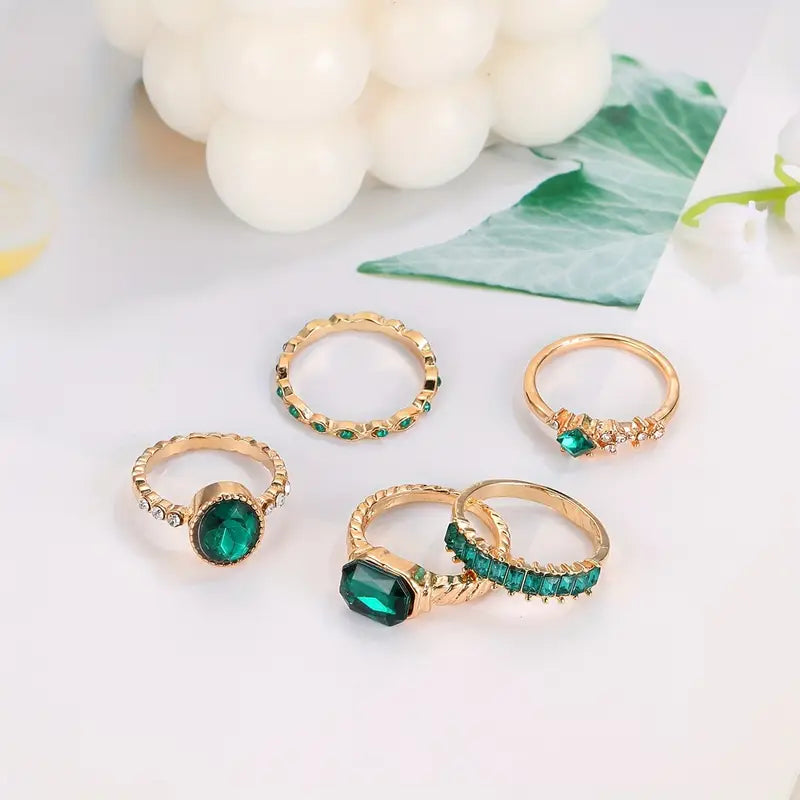 Zarina Emerald Gold Ring Set Adjustable