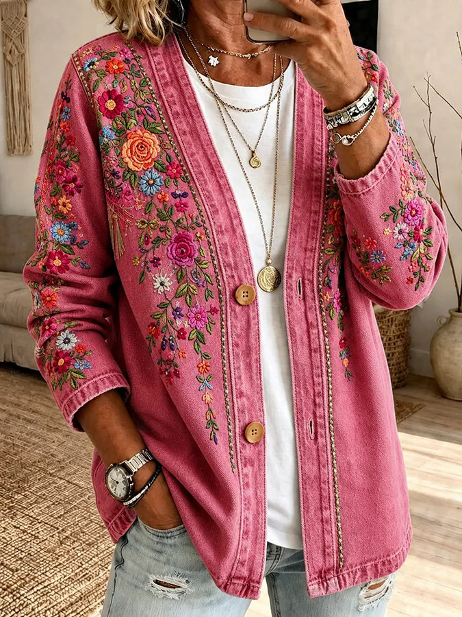 Women's Pink Embroidered Floral Print Casual Cardigan