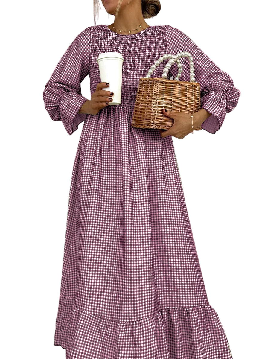 Green Check Round Neck Maxi Dress