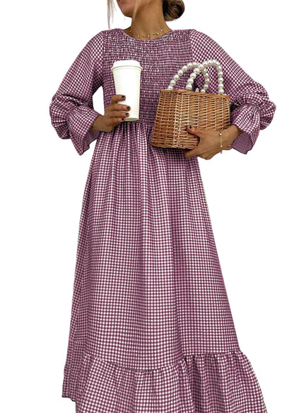 Green Check Round Neck Maxi Dress